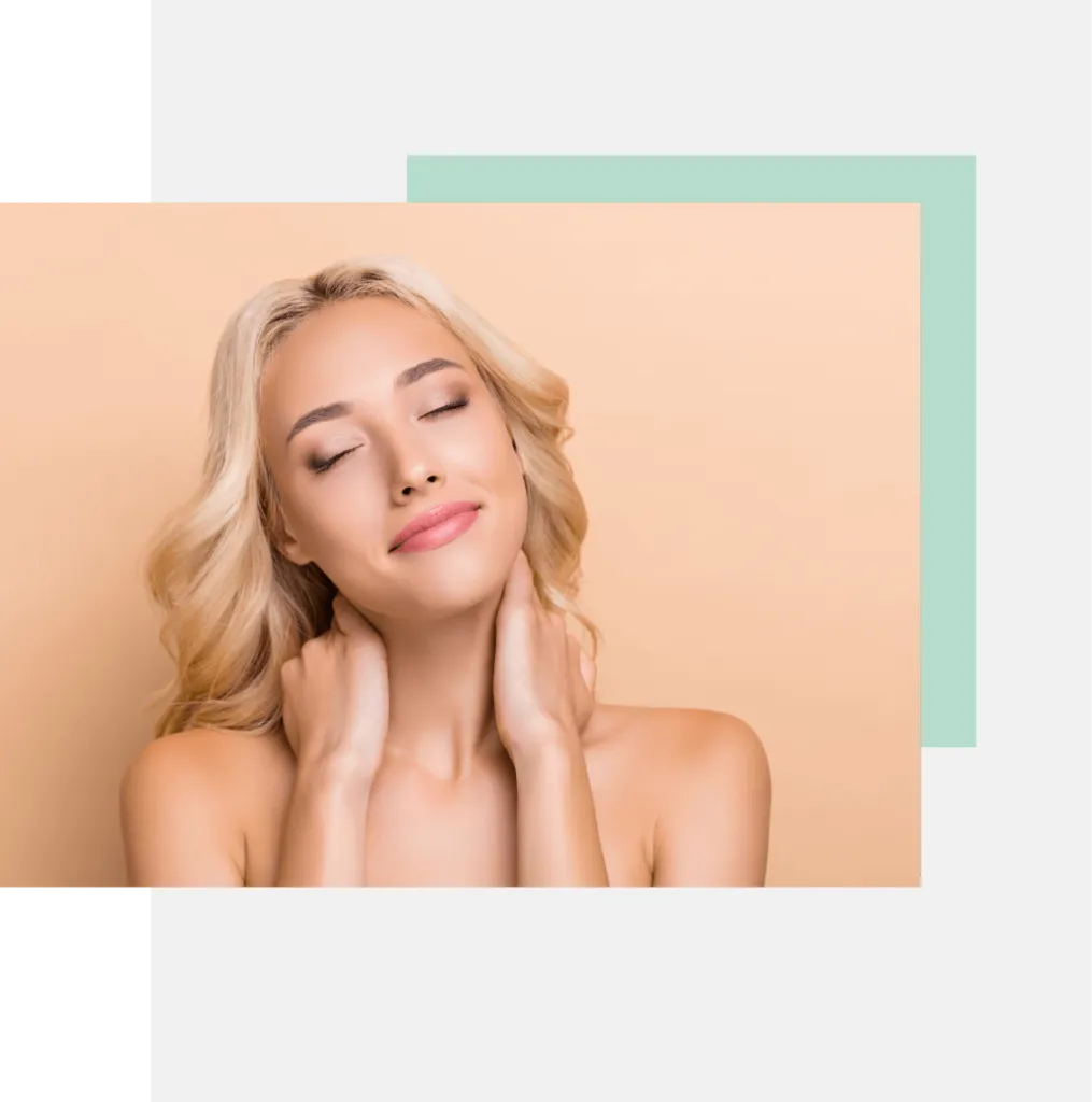A young woman with long, wavy blonde hair is shown with her eyes closed and a serene expression, gently holding her neck. She is set against a soft peach background, complemented by light green and black geometric shapes. This image conveys a sense of calm and beauty, ideal for wellness, skincare, or beauty-related content. The composition emphasizes a natural and relaxed aesthetic, making it suitable for promoting self-care products or services.