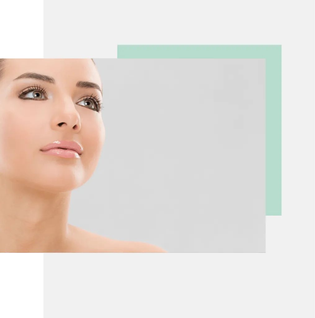 Close-up of a woman with glowing skin and subtle makeup, gazing upward. The background features soft pastel colors, enhancing the serene and fresh aesthetic. This image highlights beauty and skincare, ideal for promoting skincare products or beauty services. The woman's expression conveys confidence and tranquility, making it suitable for wellness and beauty branding.
