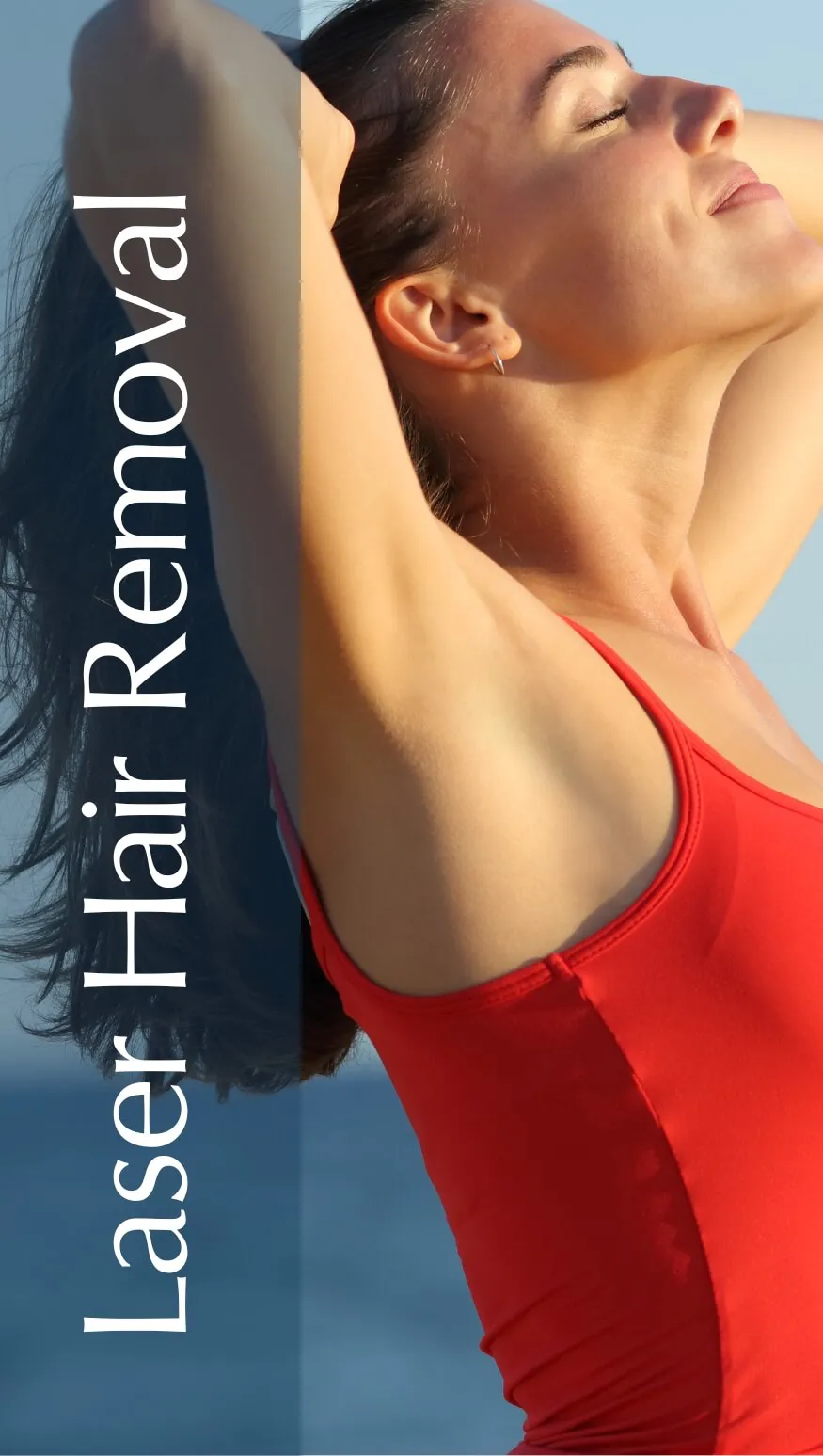 A woman in a red tank top enjoys the sun, showcasing her underarm area, which highlights the benefits of laser hair removal. The image emphasizes smooth skin and confidence, promoting a hair-free lifestyle. Ideal for those considering laser treatments, this visual representation conveys the effectiveness and aesthetic appeal of laser hair removal procedures. The serene beach background enhances the feeling of freedom and self-assurance associated with hair removal solutions.