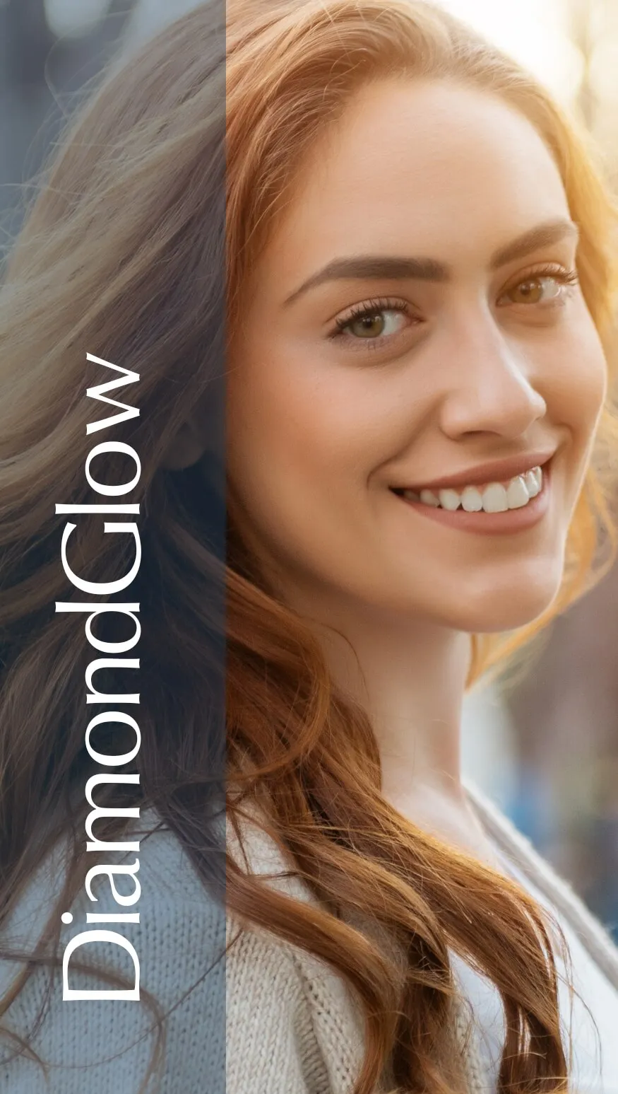 Smiling woman with long, wavy red hair showcases a radiant complexion, promoting the DiamondGlow skincare treatment. The image highlights her clear skin and vibrant smile, suggesting the benefits of DiamondGlow for achieving healthy, glowing skin. Soft lighting enhances her features, creating an inviting atmosphere. Ideal for a skincare brand or beauty service website, this visual representation emphasizes the effectiveness of DiamondGlow in enhancing natural beauty and confidence.