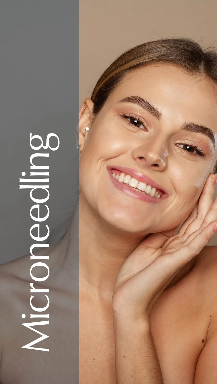 A smiling young woman with clear skin gently touches her face, showcasing the benefits of microneedling. The background features a neutral tone, highlighting her natural beauty. The image emphasizes the rejuvenating effects of microneedling, a popular skincare treatment that promotes collagen production and enhances skin texture. This visual representation aims to inform viewers about the procedure's aesthetic benefits while encouraging engagement with skincare discussions. Ideal for beauty and wellness content, this image serves as a compelling introduction to microneedling treatments.
