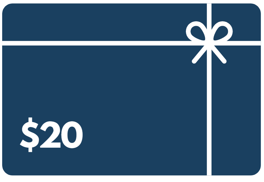 Gift card design featuring a navy blue background with a white ribbon and bow. The card prominently displays the value of $20 in bold white text. Ideal for gifting on various occasions, this digital gift card offers flexibility and convenience for recipients to choose their preferred products or services. Perfect for birthdays, holidays, or special celebrations, it provides an easy way to share a thoughtful gift.