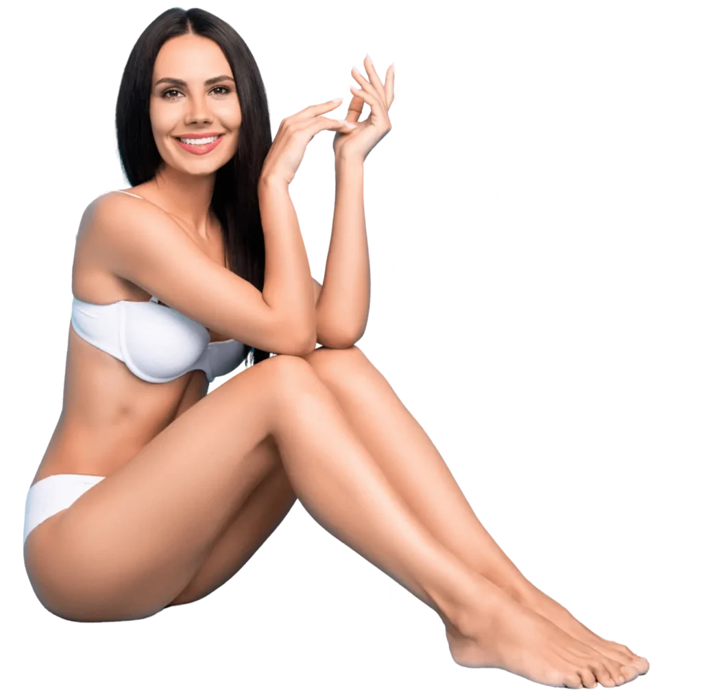 A smiling woman with long dark hair sits gracefully, wearing a white bra and underwear. She poses with her arms crossed and hands gently touching her face, showcasing confidence and poise. The background features stylized letters "PPS" in a modern font, emphasizing the brand's identity. This image conveys beauty, self-assurance, and a focus on body positivity, making it ideal for promoting wellness and aesthetic services.