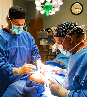 Two surgeons in blue surgical scrubs and masks are performing an operation in a well-lit operating room. One surgeon is focused on the procedure, using surgical tools, while the other assists. A clock is visible on the wall, indicating time in a clinical environment. The scene emphasizes teamwork and precision in a surgical setting, showcasing the professionalism and dedication of medical staff during a critical procedure.