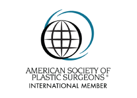 Logo of the American Society of Plastic Surgeons, featuring a globe design with turquoise accents. The text indicates "International Member," emphasizing global recognition and affiliation in the field of plastic surgery. This image represents professionalism and commitment to high standards in surgical practices. Ideal for use in healthcare, medical websites, or professional profiles to highlight membership in a prestigious organization.