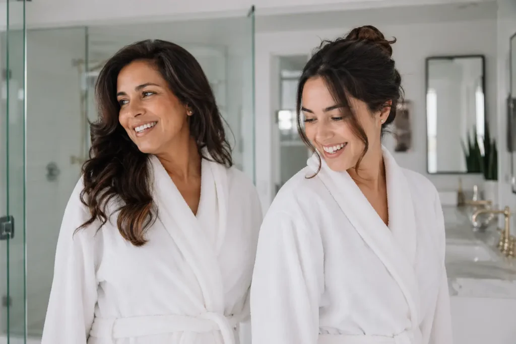 Two women in white bathrobes smiling and enjoying each other's company in a bright, modern bathroom. The background features glass shower doors and a marble countertop, creating a serene atmosphere. The image conveys a sense of relaxation and friendship, ideal for promoting self-care, beauty, or wellness themes. The women appear happy and engaged, showcasing the joy of spending quality time together. This alt text supports accessibility by providing a clear description of the scene, enhancing the user experience for individuals using screen readers.